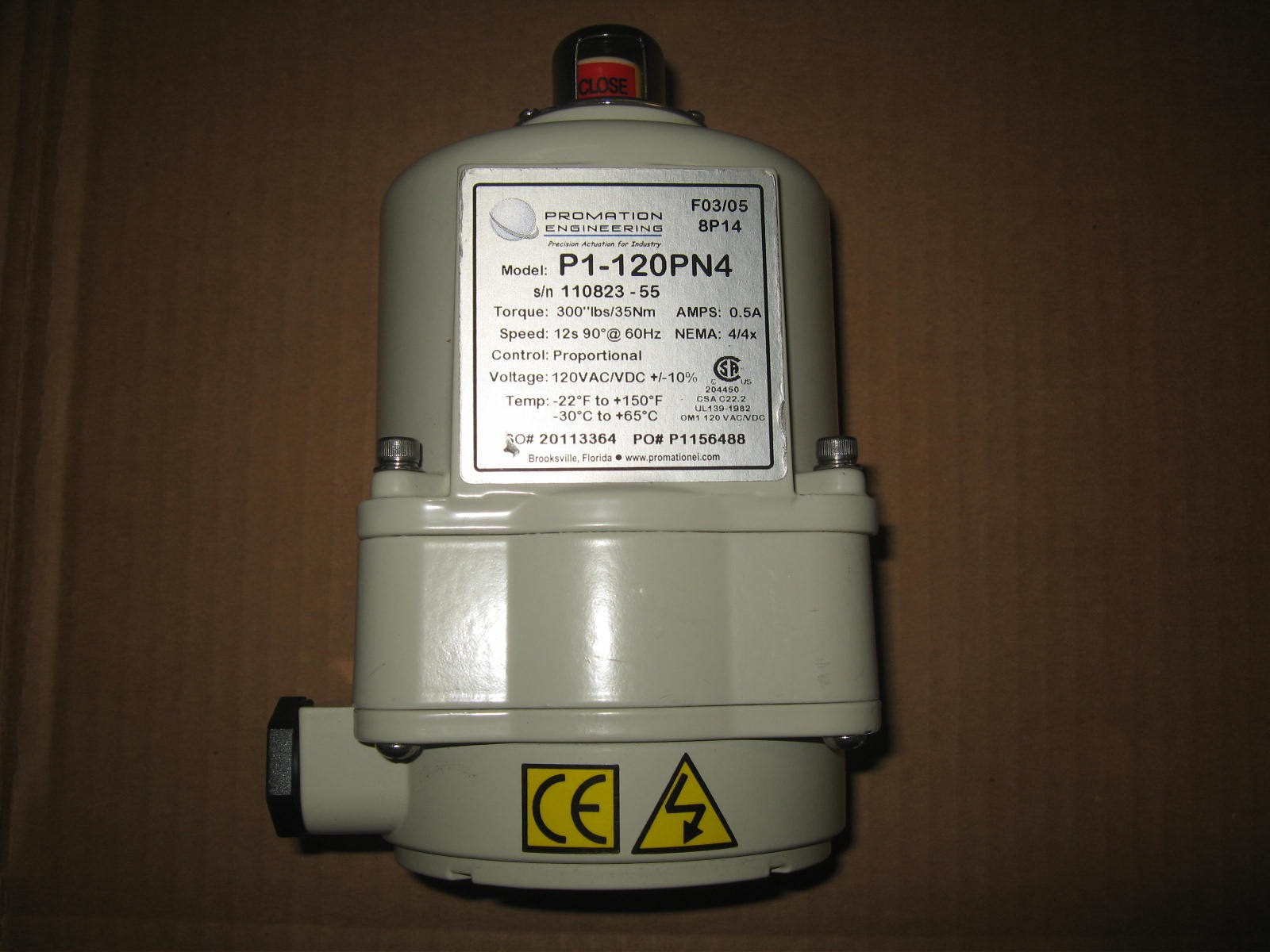 PROMATION ENGINEERING P1-120PN4 Valve Actuator 120VAC 300in-Lbs 35Nm