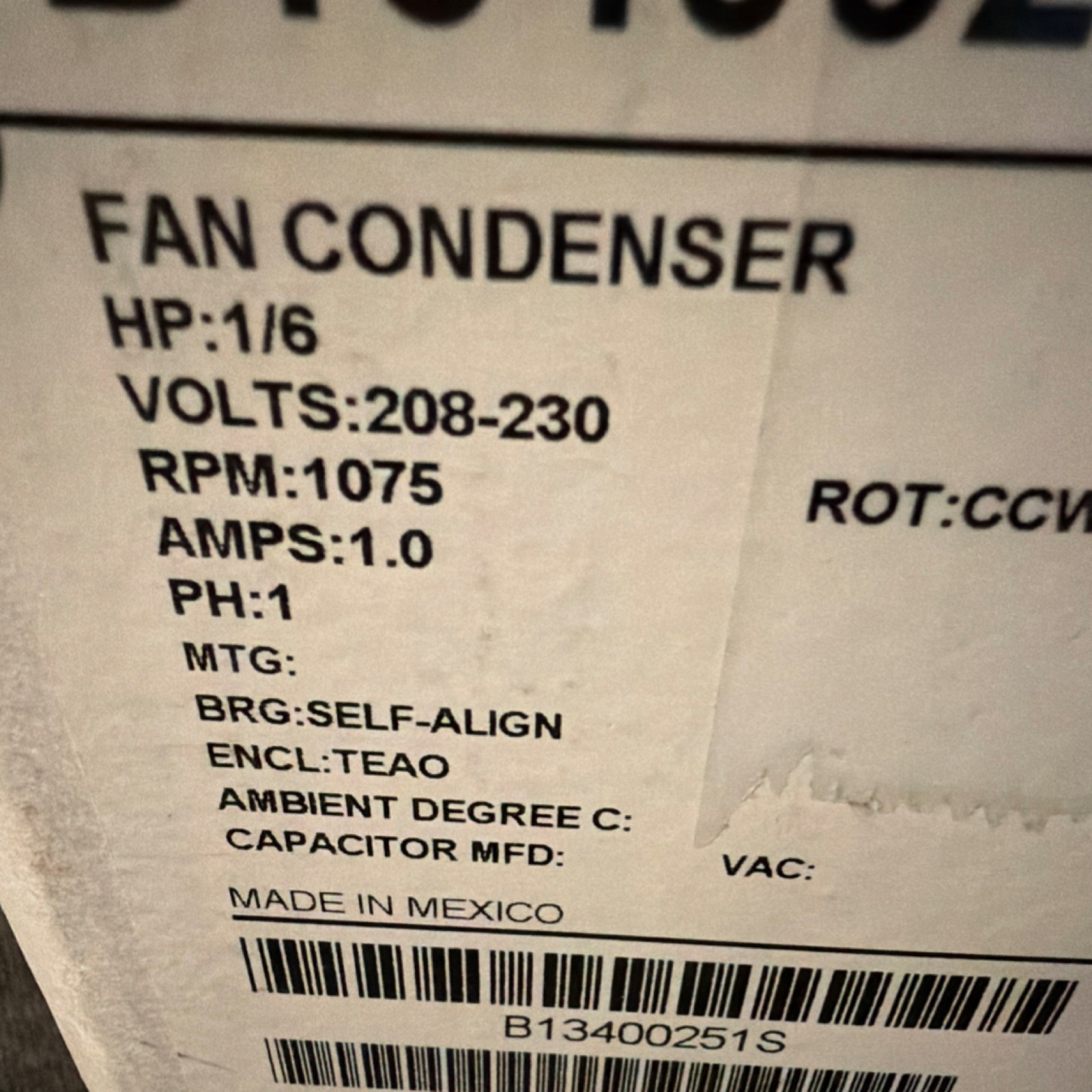 U.S. MOTORS B13400251S Condenser Fan Motor 208-230V 1.0A 1075 RPM CCW 1PH