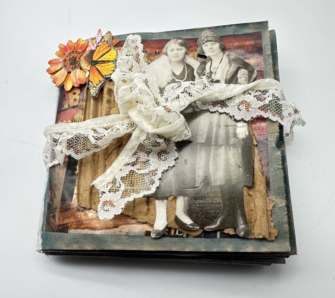 Hand Made Junk Journal 6×5 Inches Old Time Pictures With Orange Yellow Flowers