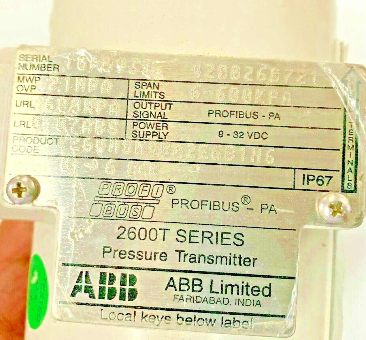 ABB 2600T Pressure Transmitter 6 Bar 600 kPa PROFIBUS 9–32V DC