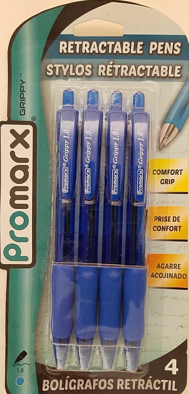 PROMARX GRIPPY RETRACTABLE BALLPOINT PENS BLUE Ink Medium 1.0 mm 4 Pens/Pk