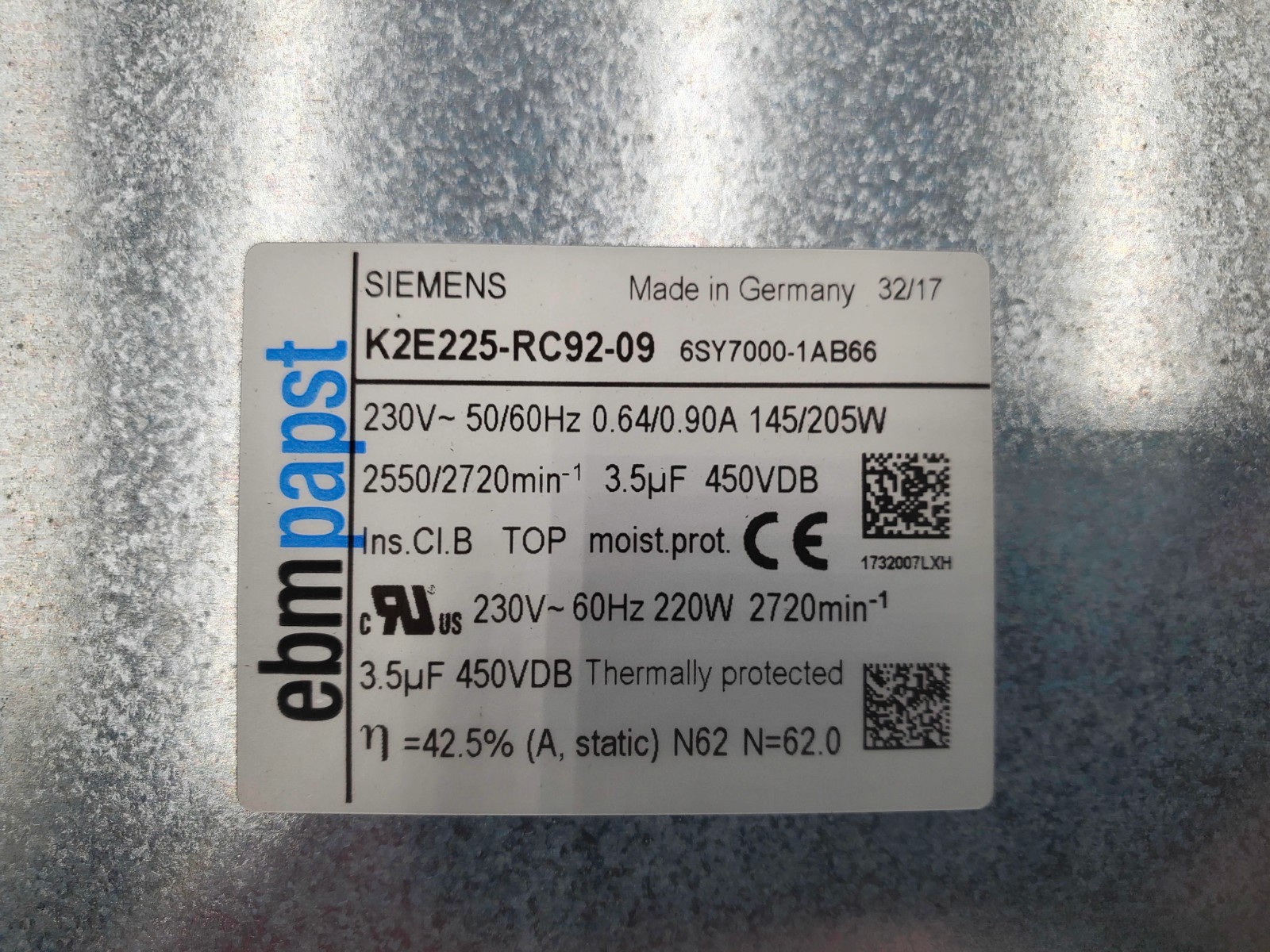 Siemens K2E225-RC92-09 Ebm Papst Blower Fan 230V 3.5UF 220W 0.9A