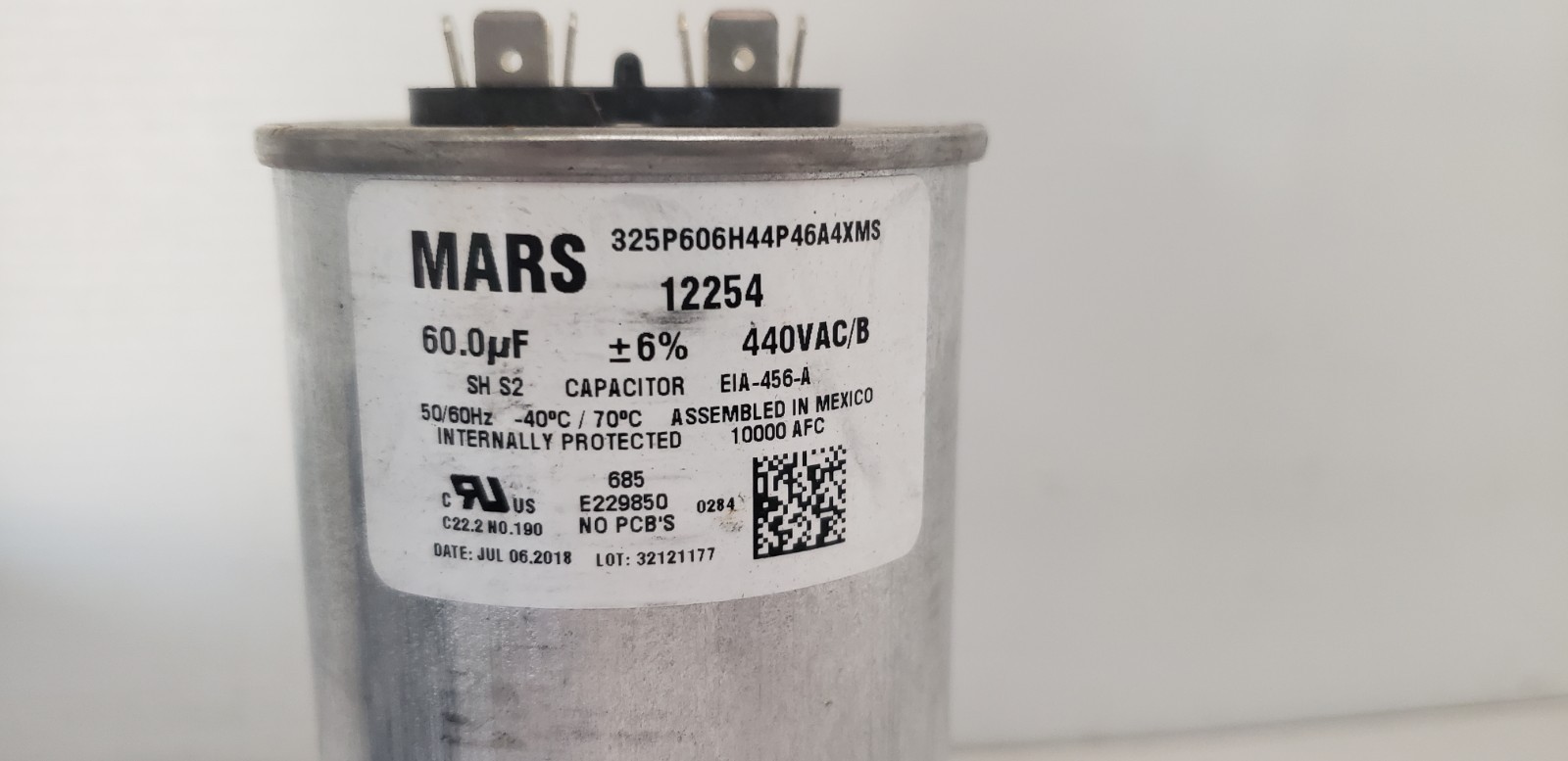 MARS 12254 CAPACITOR, 60.0 uf, 440VAC/B, 50/60Hz, ROUND, NIB
