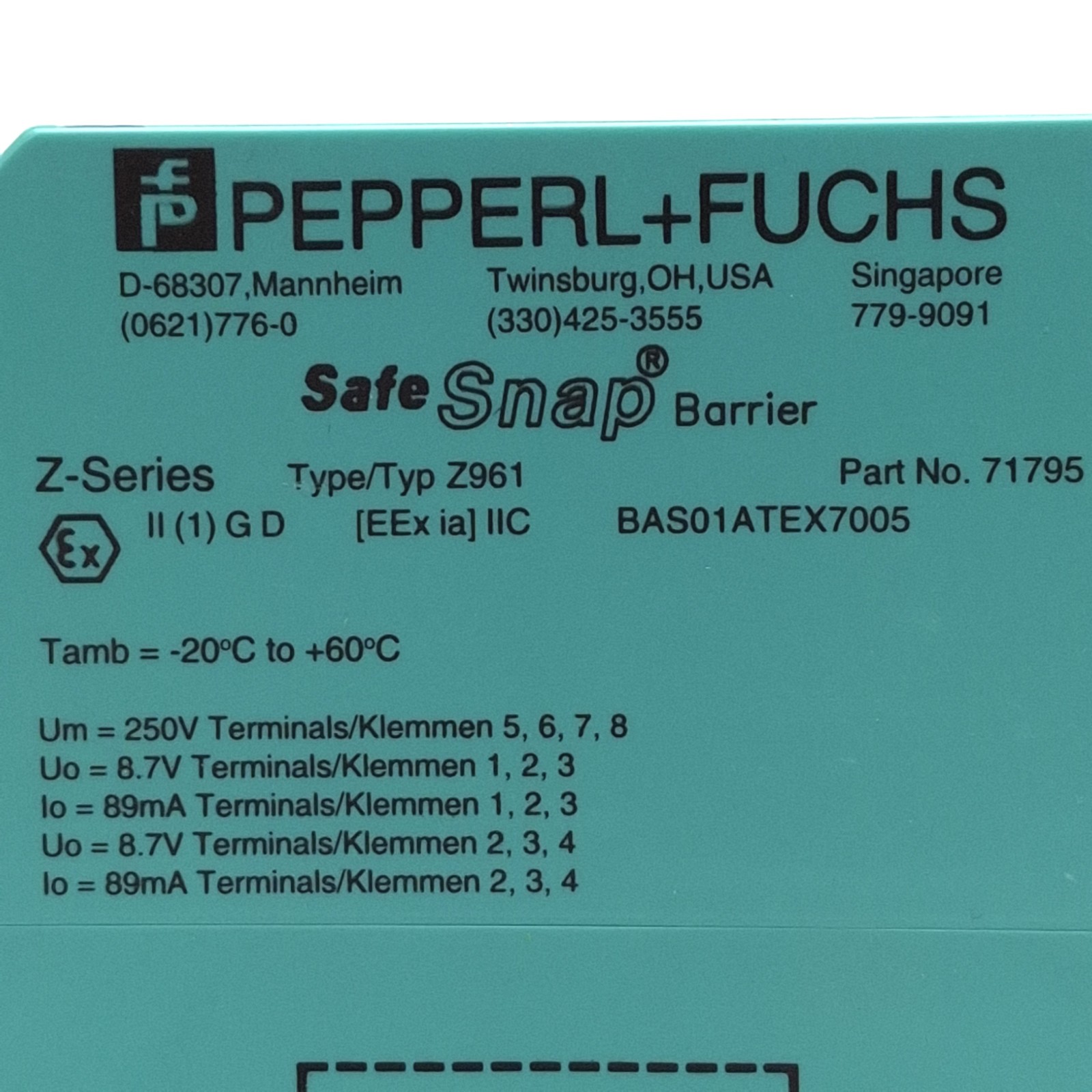 Pepperl + Fuchs 71795 Z961 Safe Snap Zener Barrier 2-Ch, 6.5V @ 10µA, AC Version