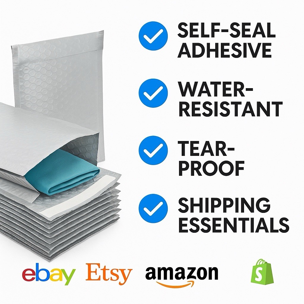 100 4×8 Color Bubble Mailers White Blue Teal Purple + 100 Thank You Stickers