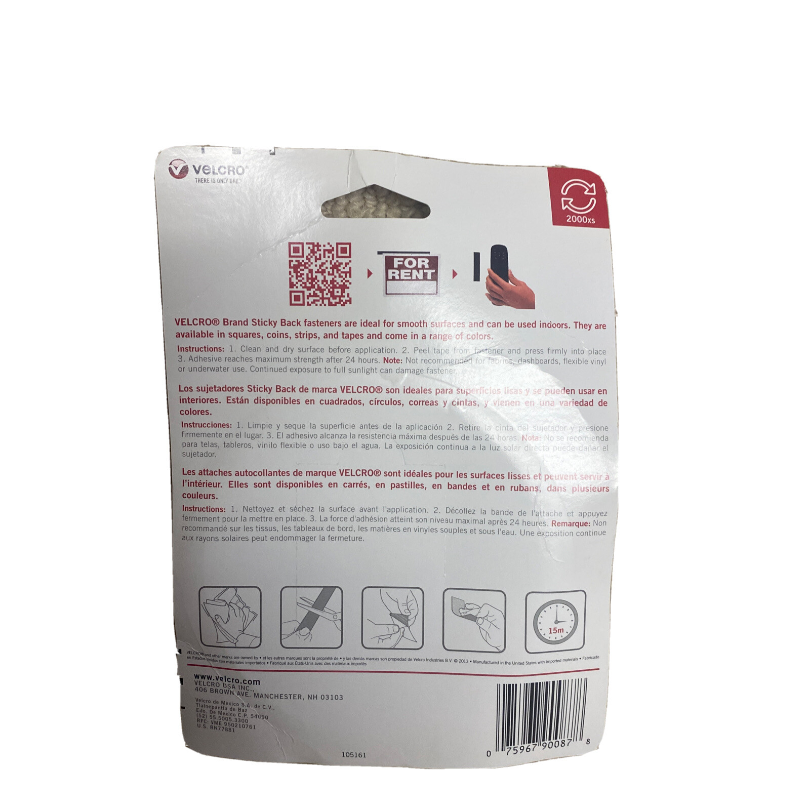 Velcro Brand Sticky Back Hook & Loop Strips, 5ft X 3/4in No 90087 White