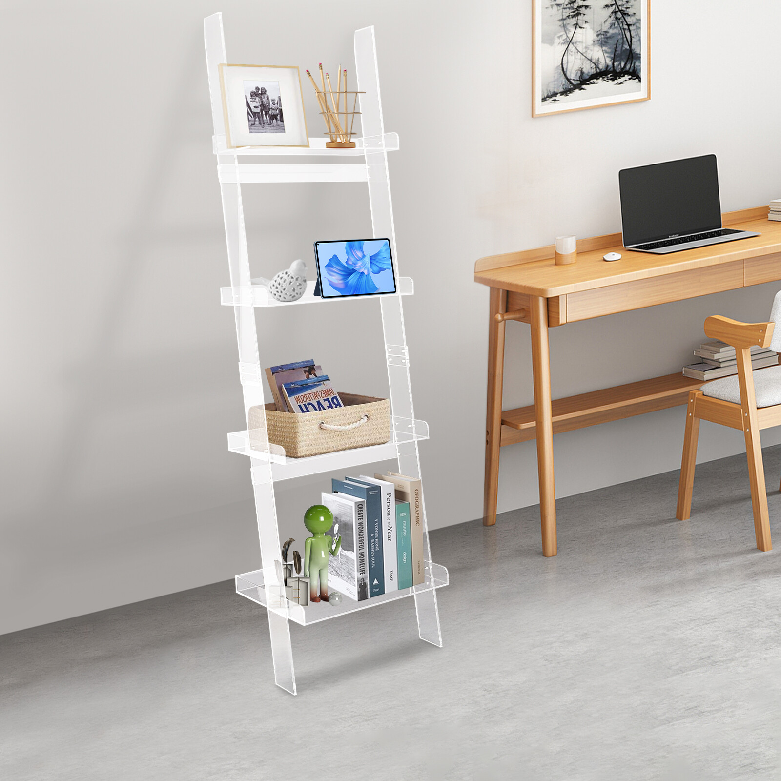 4Tier Acrylic Trapezoid Ladder Bookshelf Leaning Book Display Holder Stand Clear