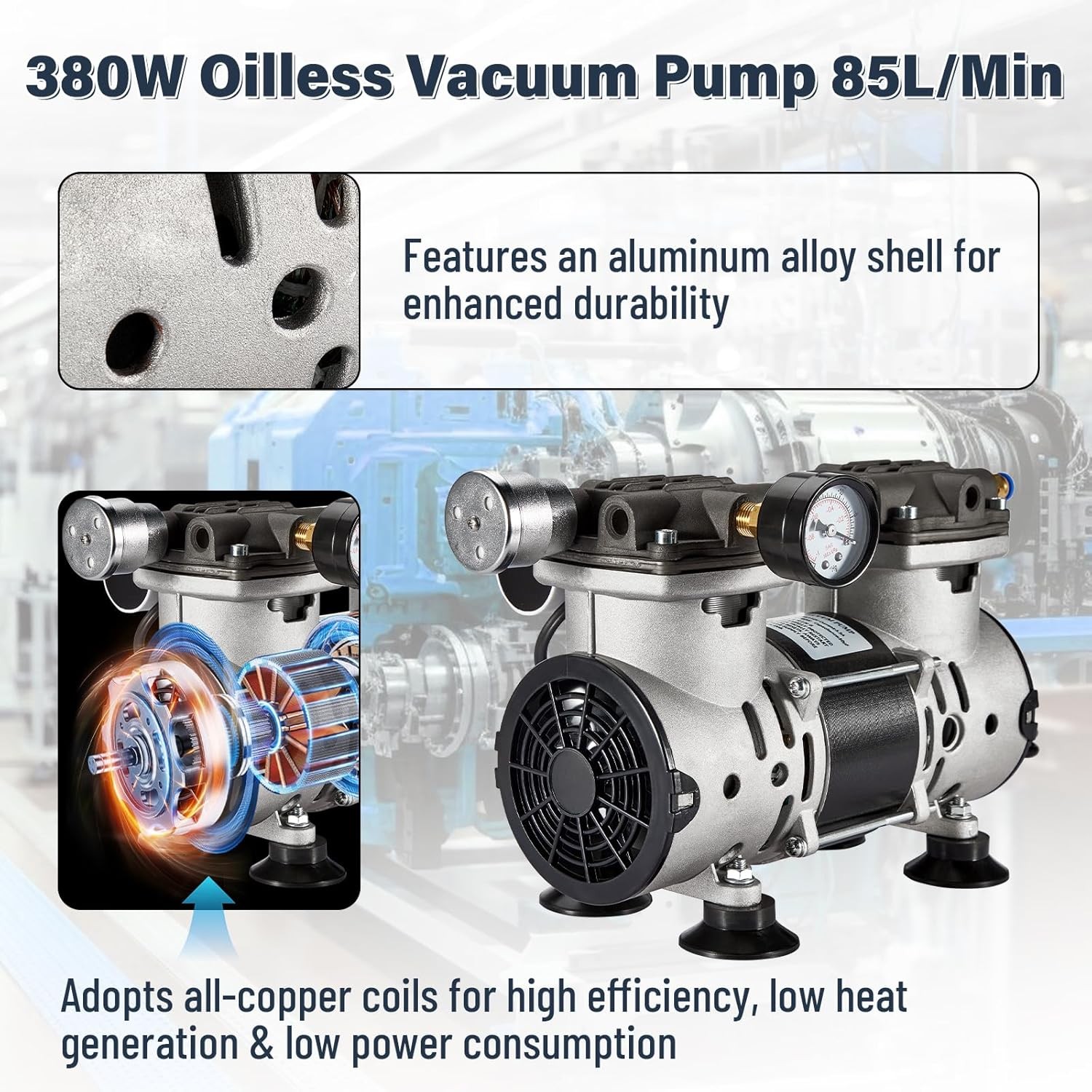 380W 85 L/min Lab Vacuum Pump Oil Free Oilless Vacuum Pump W/ Pressure Gauge New
