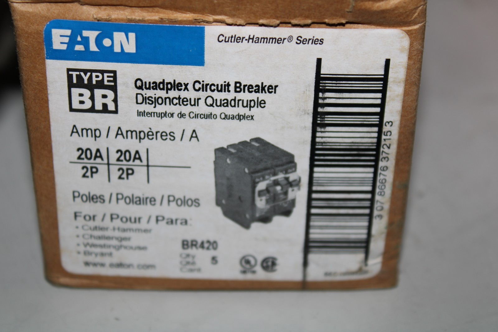 Eaton BR420 Plug-On Mount Type BR Circuit Breaker 4-Pole 20 Amp 120/240 Volt AC