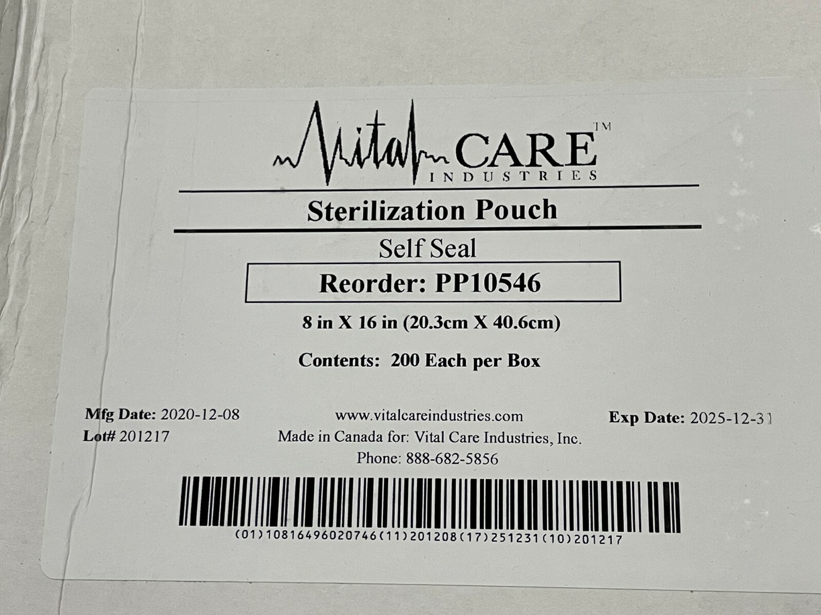 (200/cs) VitalCare Self-Seal Sterilization Pouches PP10546 8×16″ medical exp2025