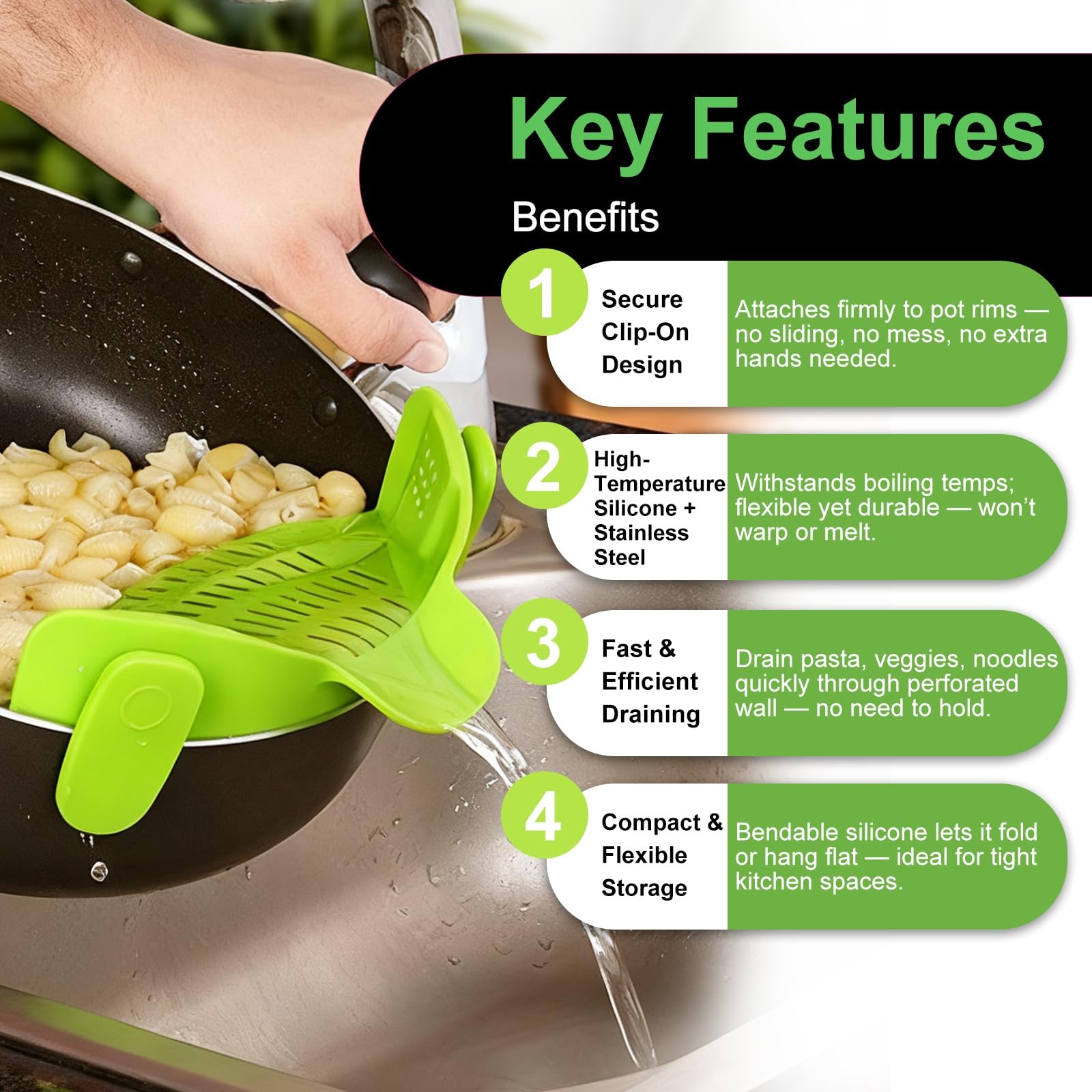 AriesMu Pasta Strainer Clip-on Silicone Colander for 9.45*4.72*2.36in, Green