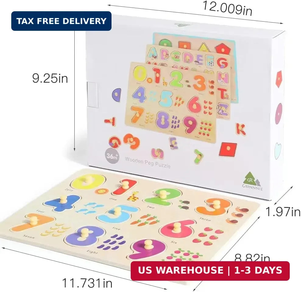 GRINNNIE Wooden Montessori Toddler Puzzles for 3 4 5 Years Old, 3 Pcs (Number, L