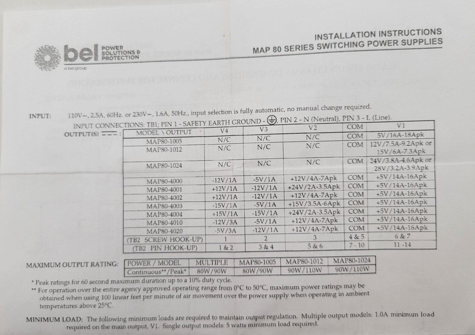 BEL MAP80-4002 Switching Power Supply In: 110/230V Out: 5/12V 80W Quad Output