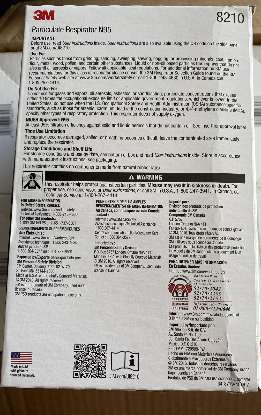 3M 8210 N95 Particulate Respirator Protection Masks Case of 8 Boxes 20/box