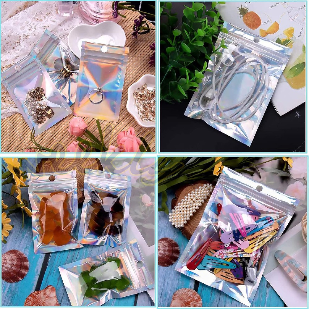 100 Holographic Mylar Foil Bags Smell Proof Resealable Clear Zip Lock Pouch Food