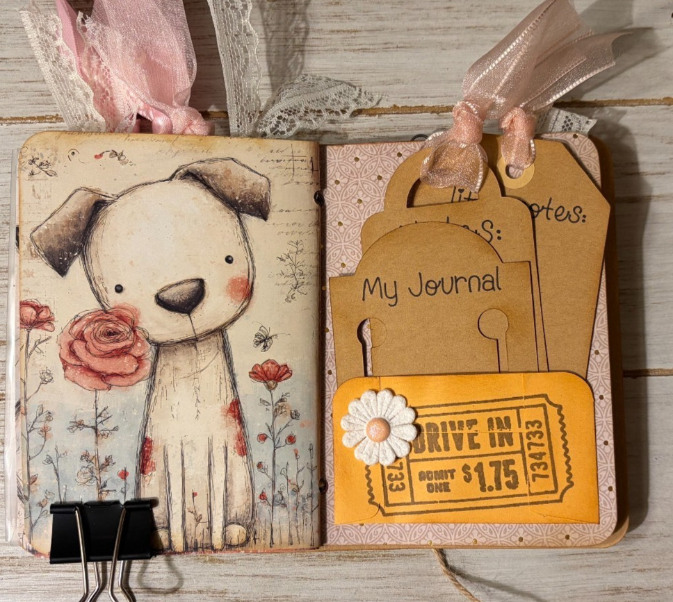 Junk Journal Handmade Booklet Book Vintage «Cute Animals» Pockets, Ephemera b