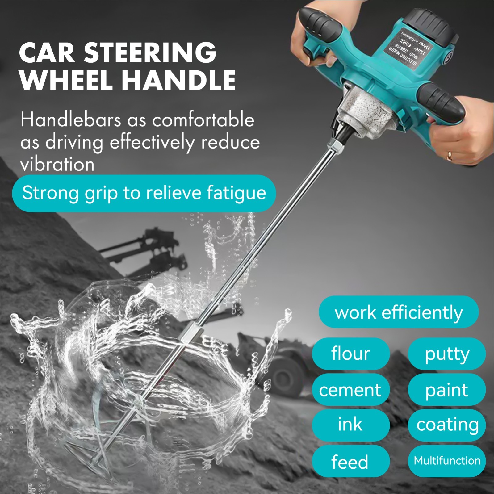 2500W Electric Cement Mixer Handheld 6 Speed Paint Concrete Mixing Machine US