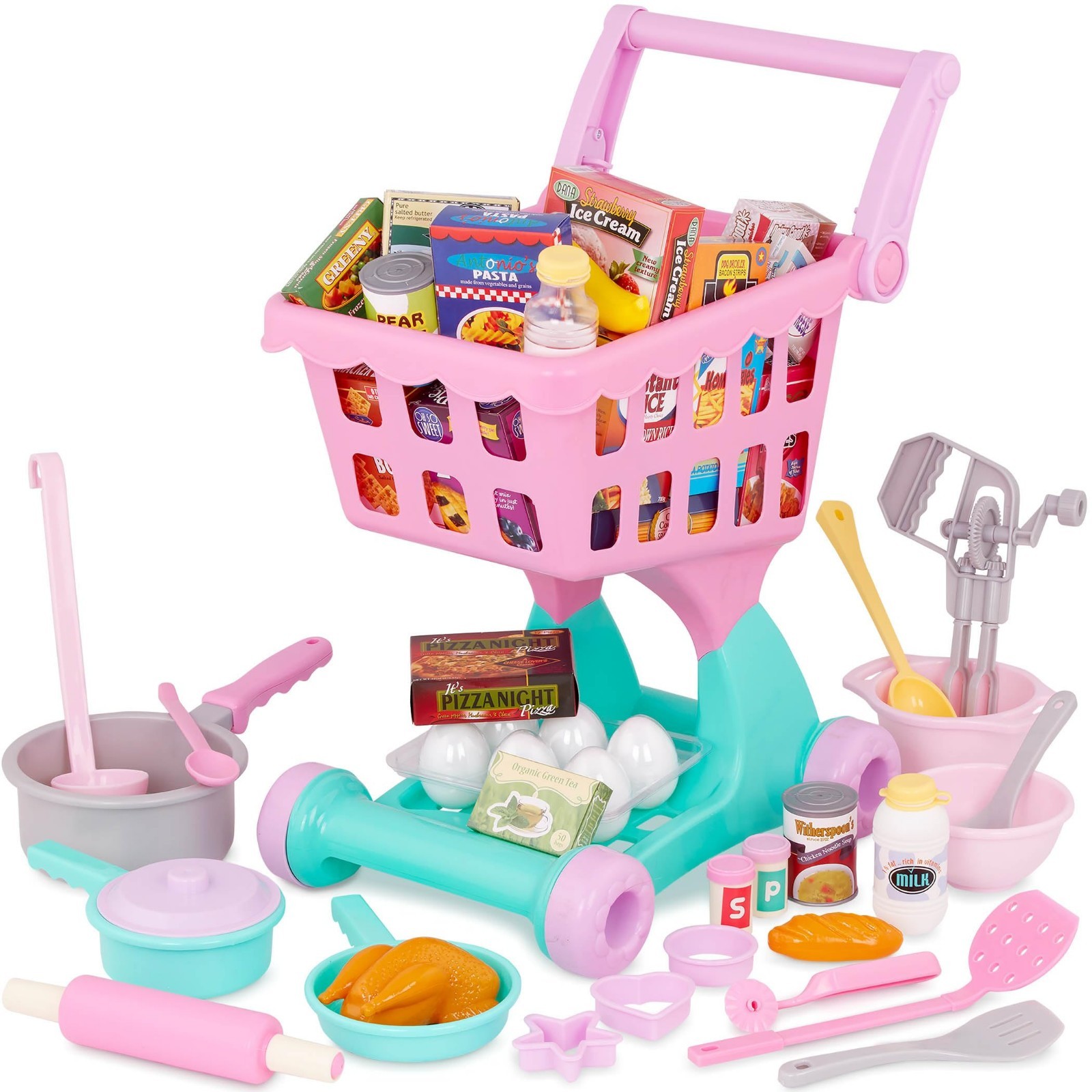 Kids Shopping Cart & Grocery Set – Toy Food Play Kitchen – Pretend Play 3+ Years
