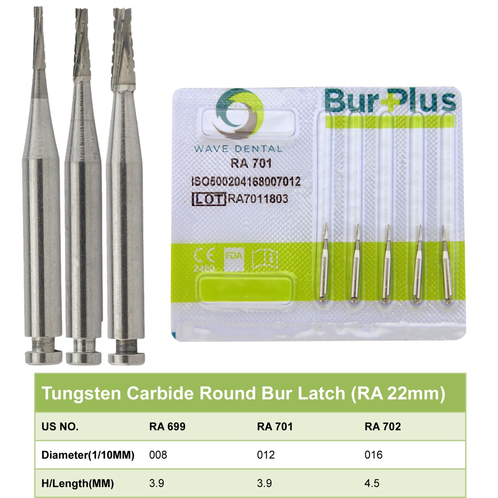 WAVE Dental Latch Carbide Burs Round RA Slow Speed Straight Handpiece Bur 44.5mm