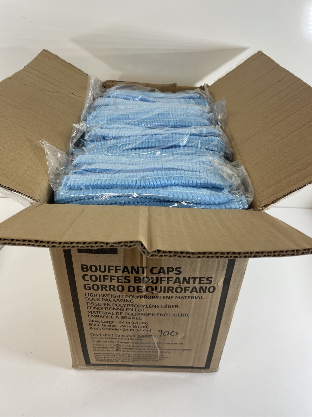 900 Case – Medline 24″ Blue Bouffant Cap Non Woven Disposable Hairnet, Large