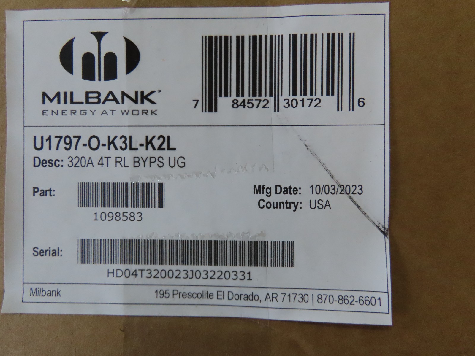 MILBANK #1098583 U1797-O-K3L-K2L METER BOX 320 Amp 4T-RL-BYPS UG
