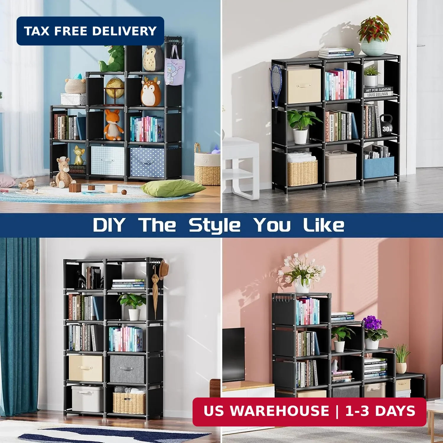 Bookcases: Black Cube Book Shelf, 10 Cube Tall Storage Organizer for Bedroom, Li