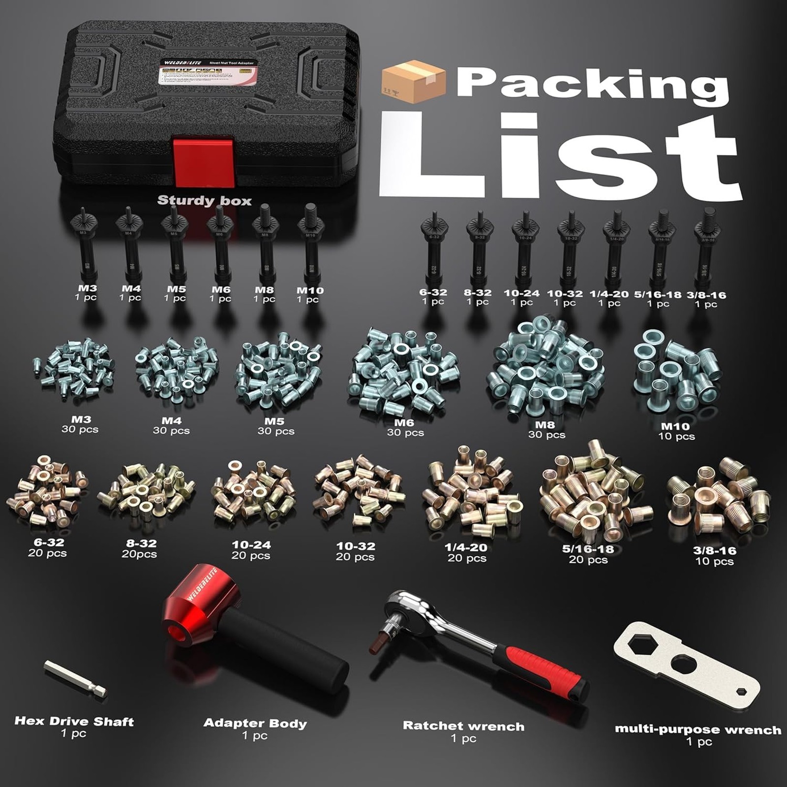 Rivet Nut Drill Adaptor Tool Kit Includes 290 Rivet Nuts and 13 Mandrels