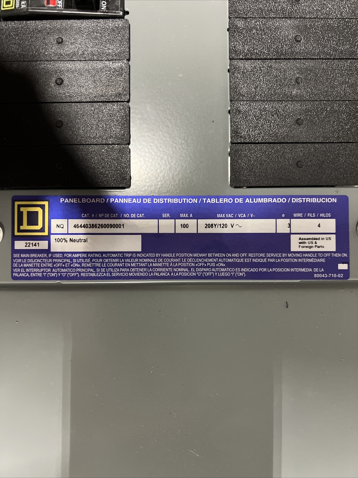SQD NQ PANELBOARD MAIN BREAKER, 100AMPS 3 PHASE 4WIRE, 208Y/120Volt 30 SPACE