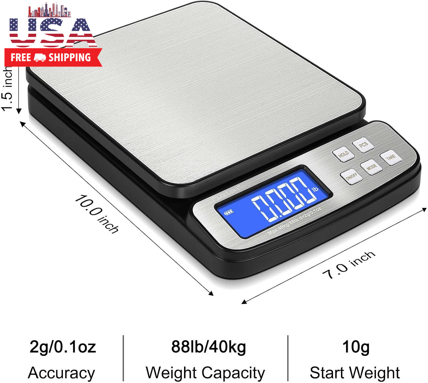 Digital Shipping Postal Scale 88Lb X 0.1Oz, Stainless Steel Platform | All-In-1