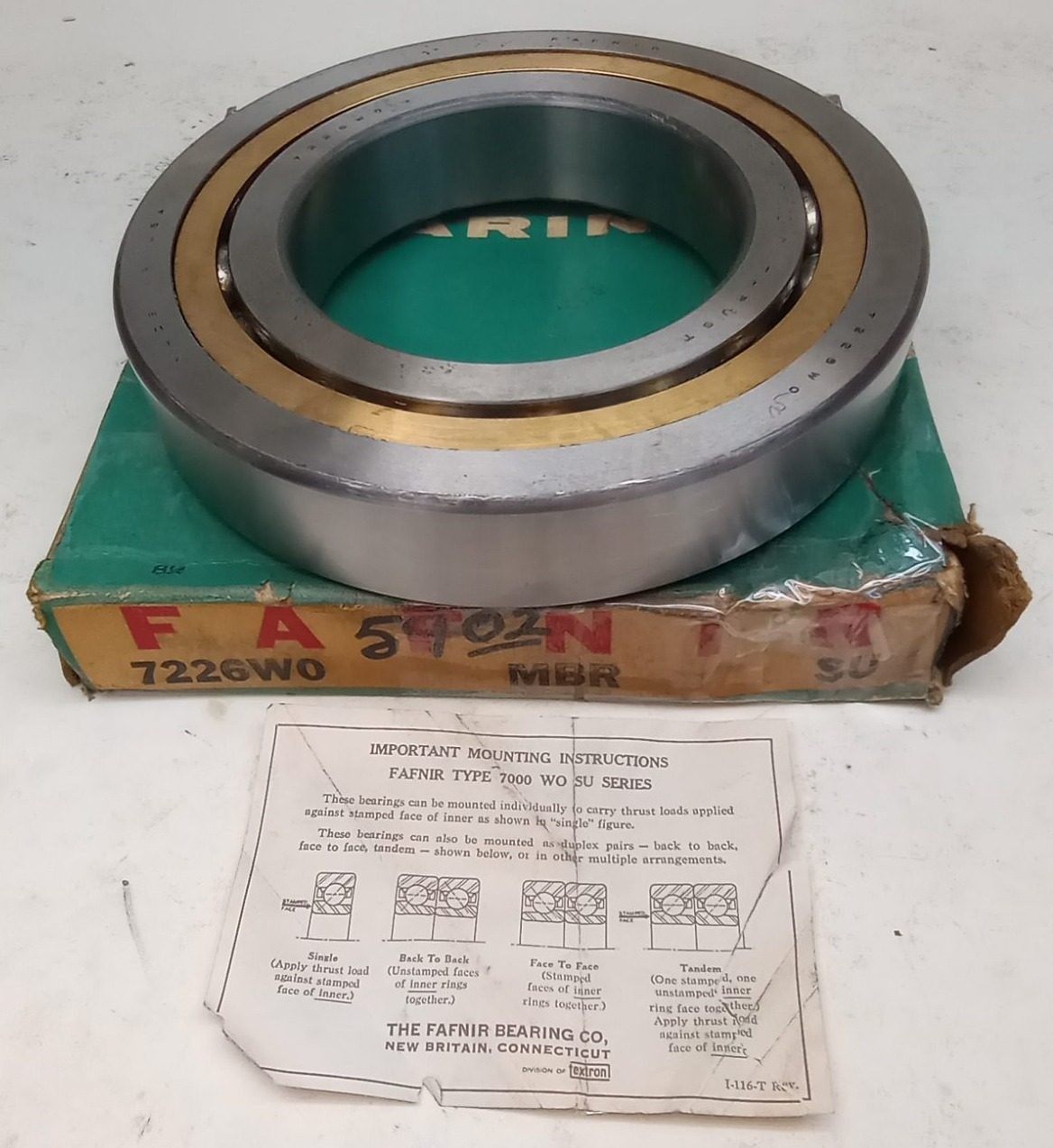 Fafnir 7226WO MBR SU Angular Contact Ball Bearing 130X230X40mm