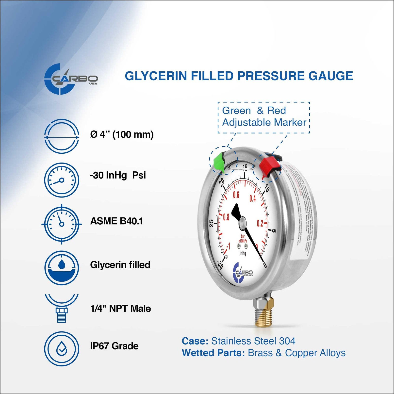 CARBO INSTRUMENTS 4″ Vacuum Pressure Gauge