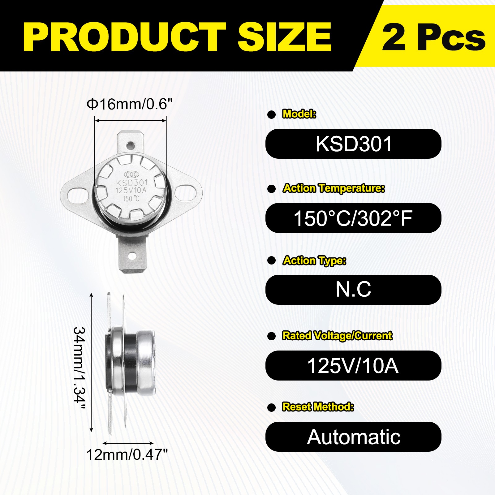 2Pcs KSD301 Thermostat 150°C/302°F 10A Normally Closed N.C Switch Bakelite