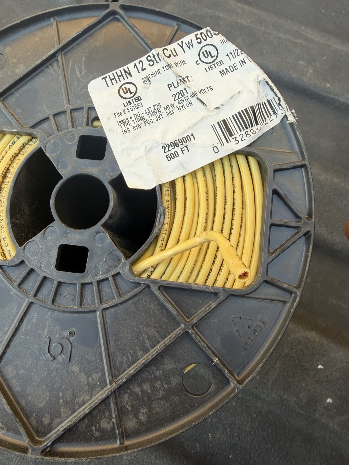 12 AWG Stranded Copper THHN Wire, Yellow, PVC/Nylon, 500 ft, 22969001