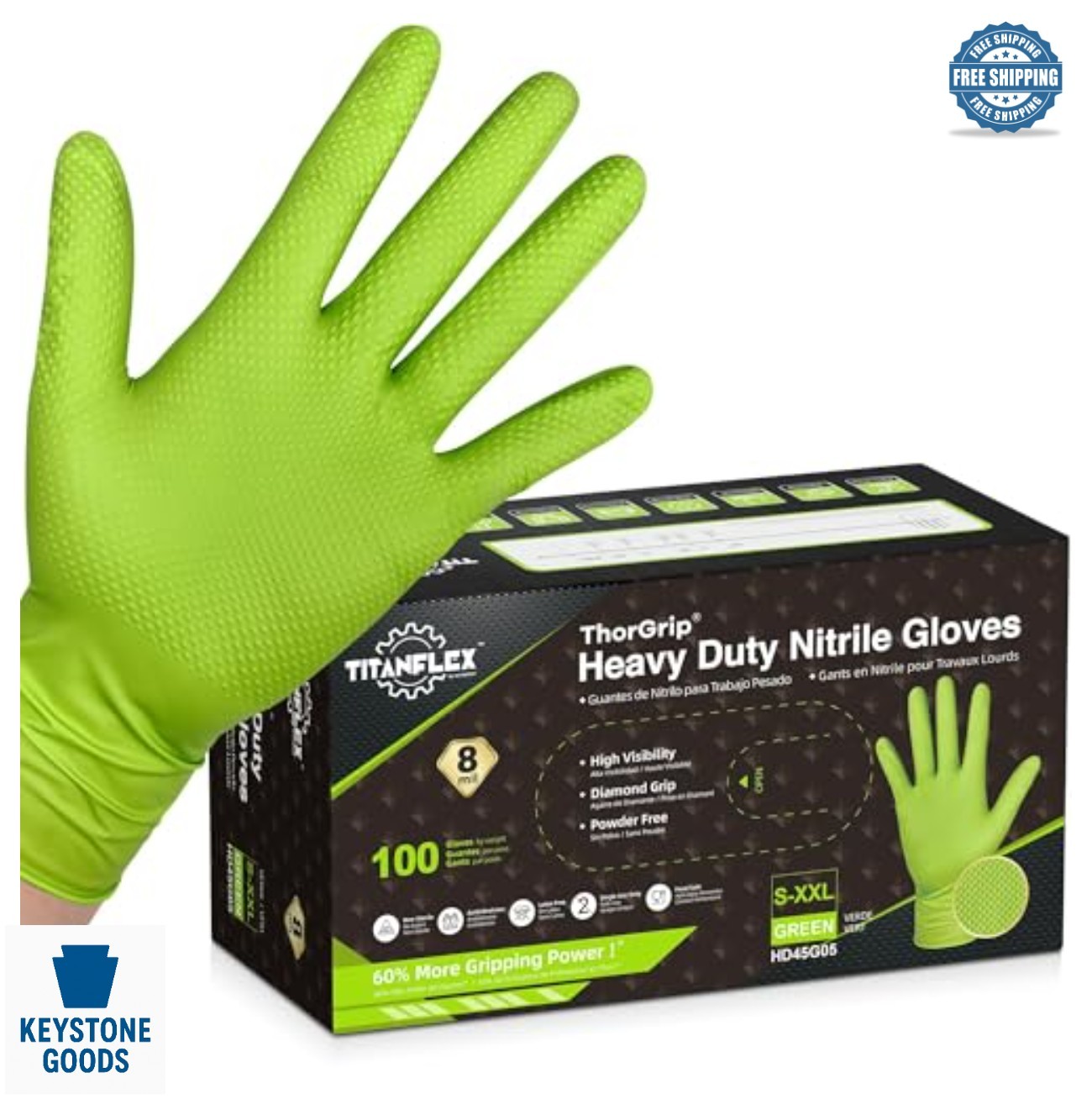 Heavy Duty Nitrile Gloves 8 Mil Diamond Textured Latex Free Disposable Green