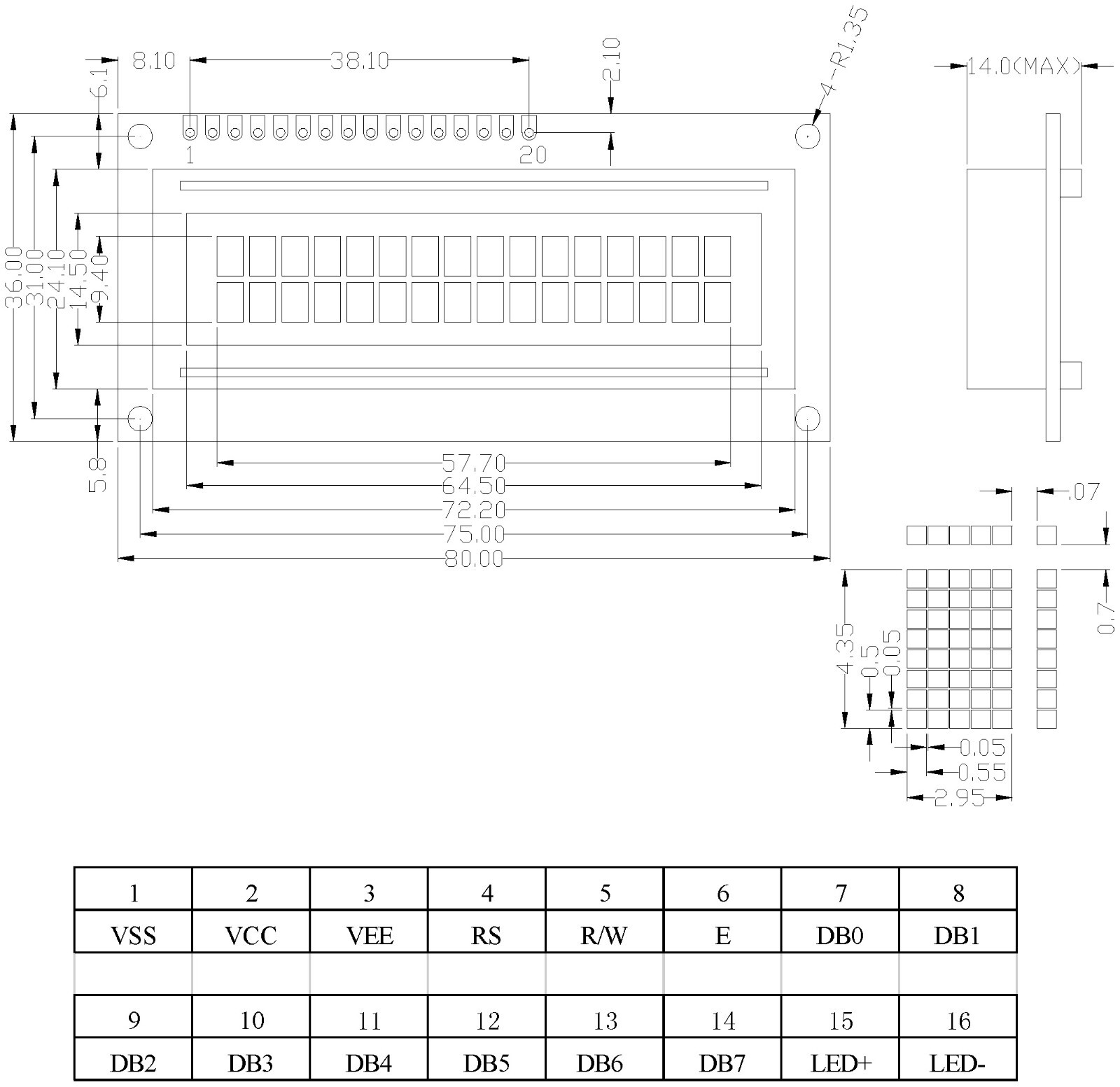 16×2 Dot Matrix Backlit LCD Module with Driver & Controller, 80×36×9.5mm
