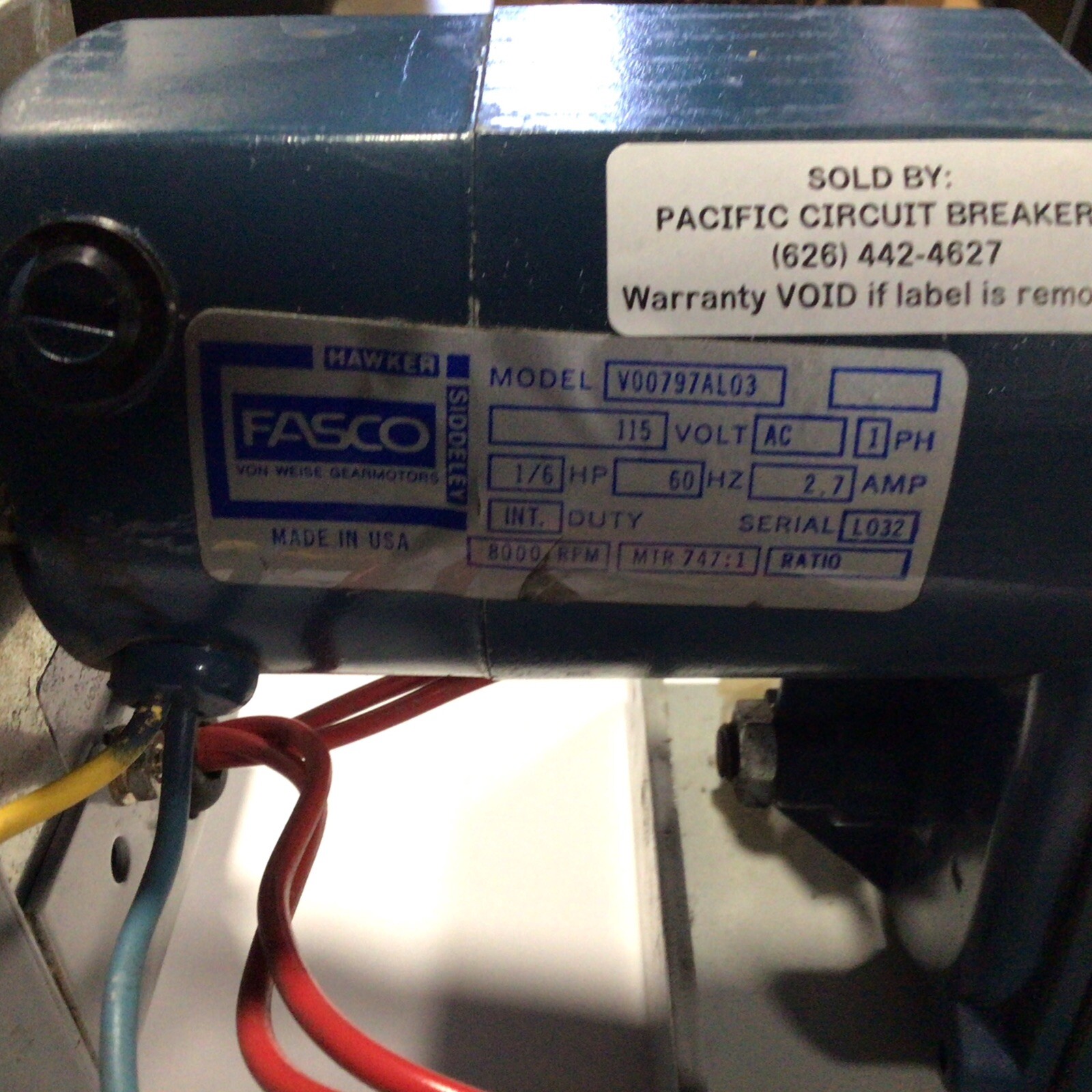 Fasco/Hawker Gear Motor 115VAC – 1 Phase – 800 RPM- 1/6 HP. – 2.7 A Serial L032