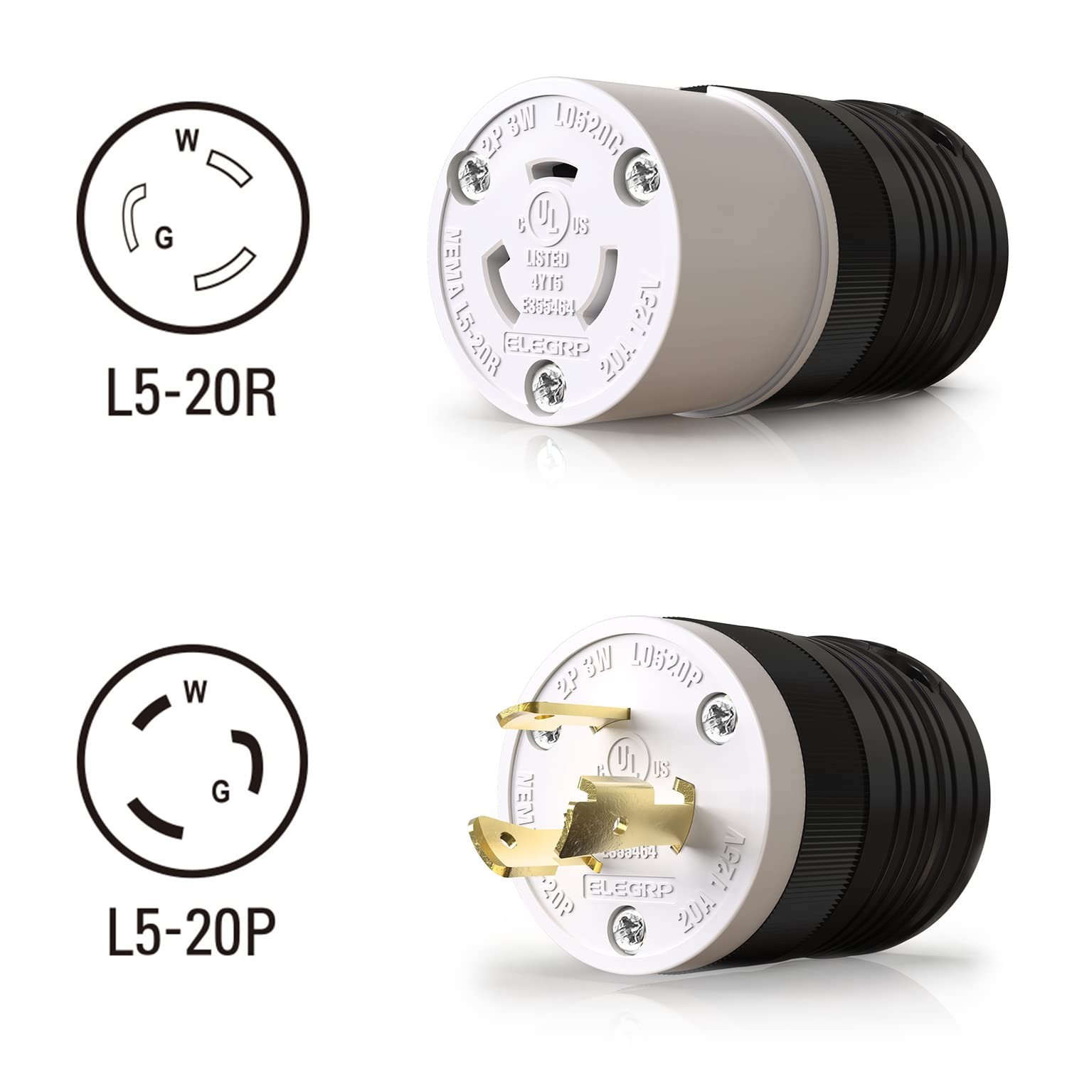 20 Amp Locking Plug & Connector Set, NEMA L5-20P/L5-20R, Generator Twist Lock Ad