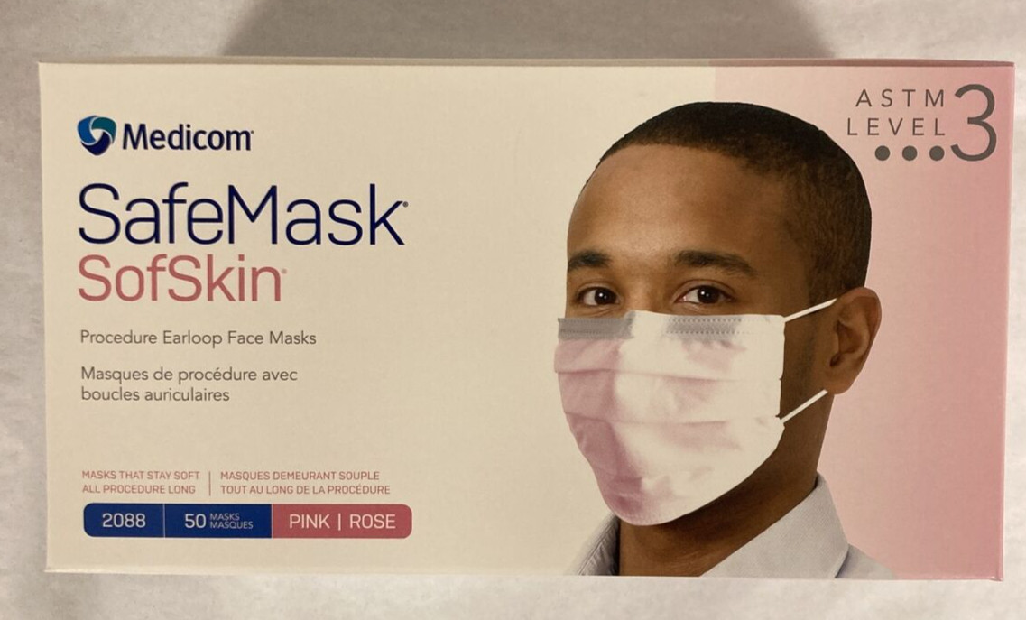 Medicom 2088 SafeMask SofSkin Earloop Face Masks ASTM Level 3 Pink 50/Bx