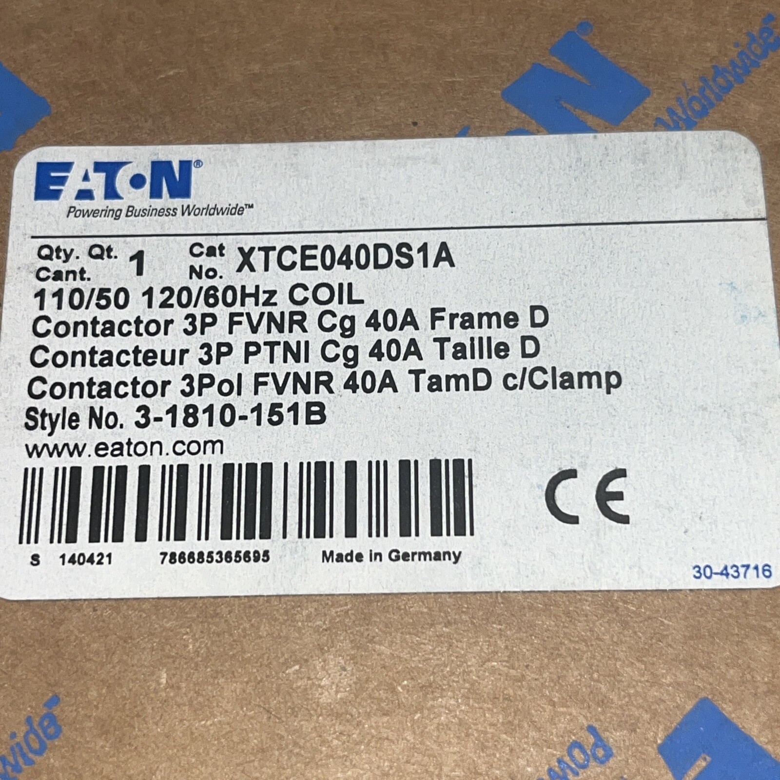 Eaton XTCE040DS1A DIL M40, Contactors 3P 40A 120V 50/60Hz D Frame 1NO 1NC, NEW