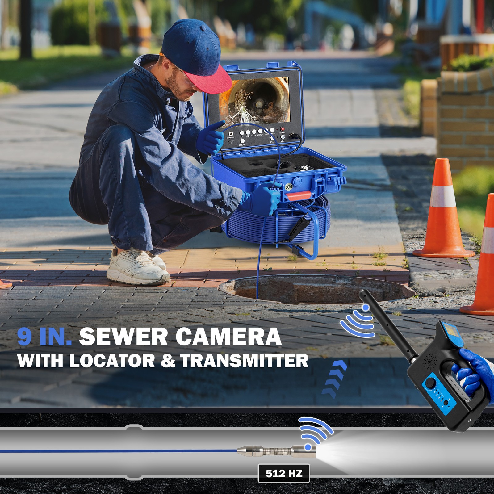 9 In Self-Leveling Sewer Camera 50m/164ft Pipe Inspection Camera w 512Hz Locator