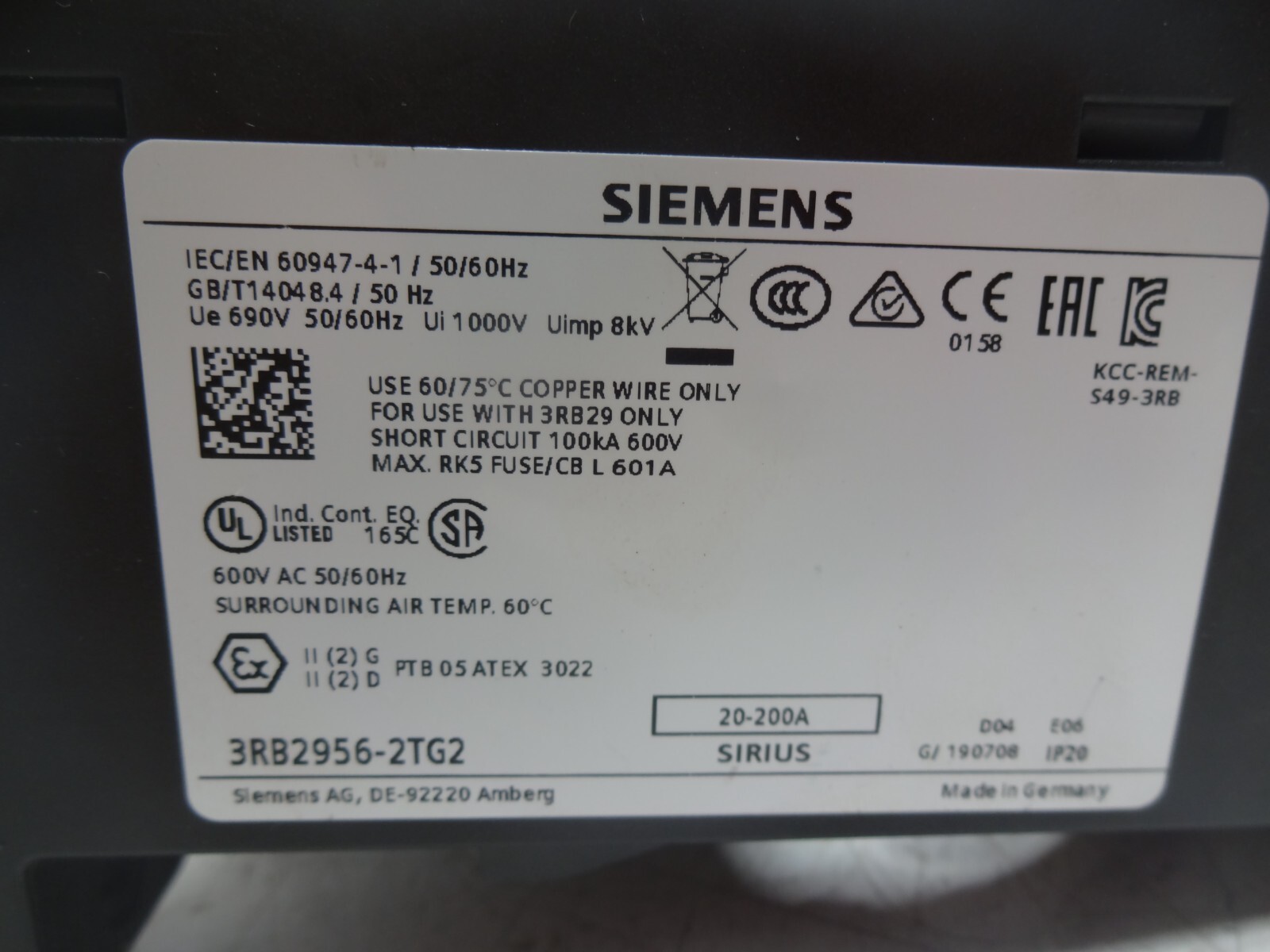 Siemens 3RB2956-2TG2 Current Transformer 20-200A