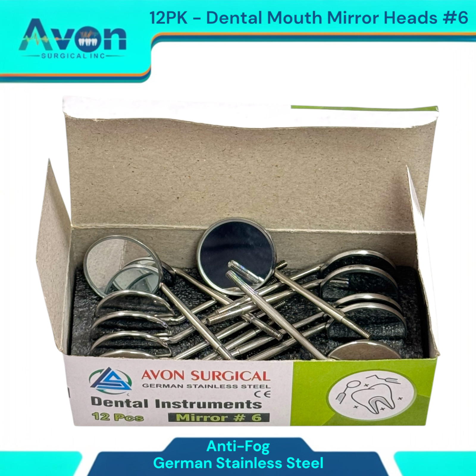 #6 Mouth Mirror Heads for Oral Examinations, Cone Socket, Anti-Fog – Pack of 12