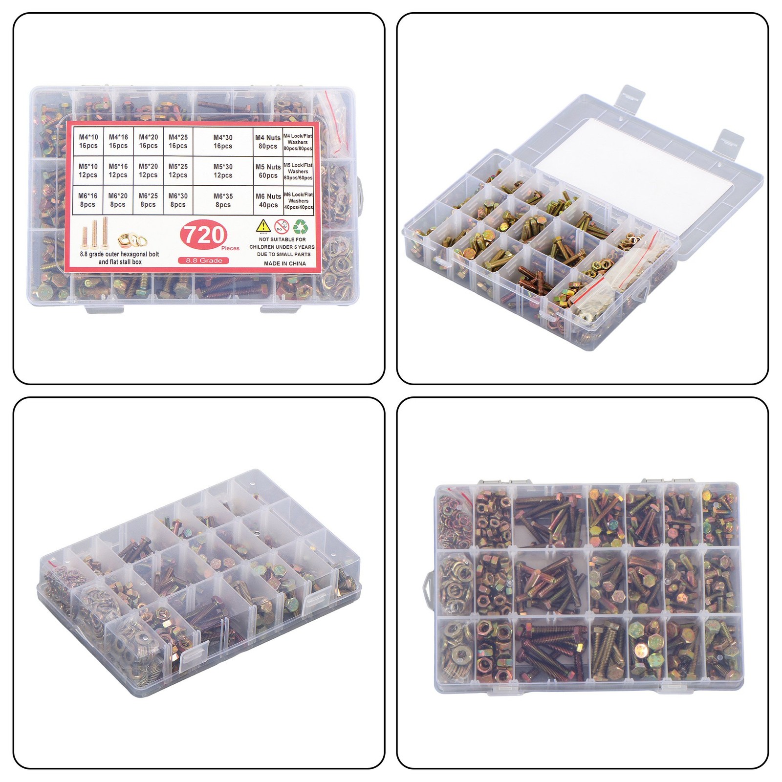 720PCS M4 M5 M6 BOLTS AND NUTS ASSORTMENT KIT GRADE 8.8 ALLOY STEEL HEX 15 SIZES