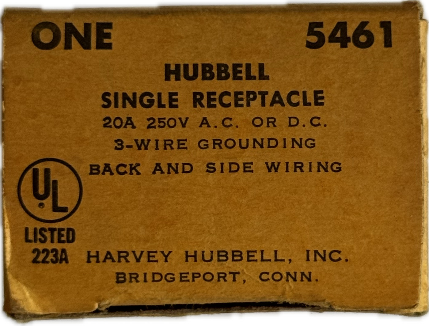 Hubbell 5461 2-Pole 3-Wire 20A 250V AC/DC Electrical Outlet Back and Side Wiring