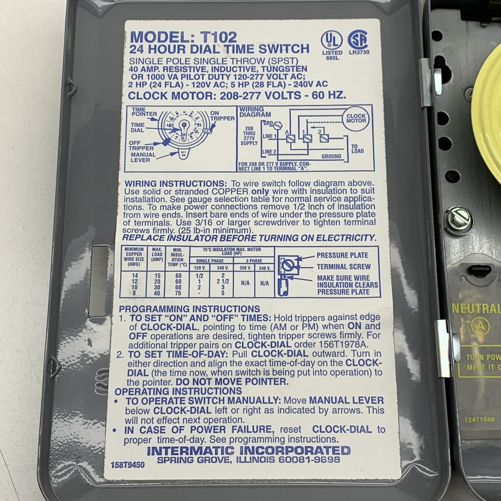Intermatic T102 24-Hour Timer Time Control Switch SPST 208-277V, 40A