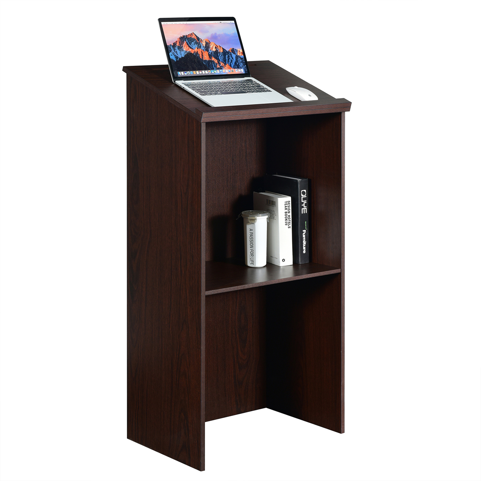 Wooden Floor Standing Podium Speaking Lectern w/ Adjustable Shelf & Pen Tray