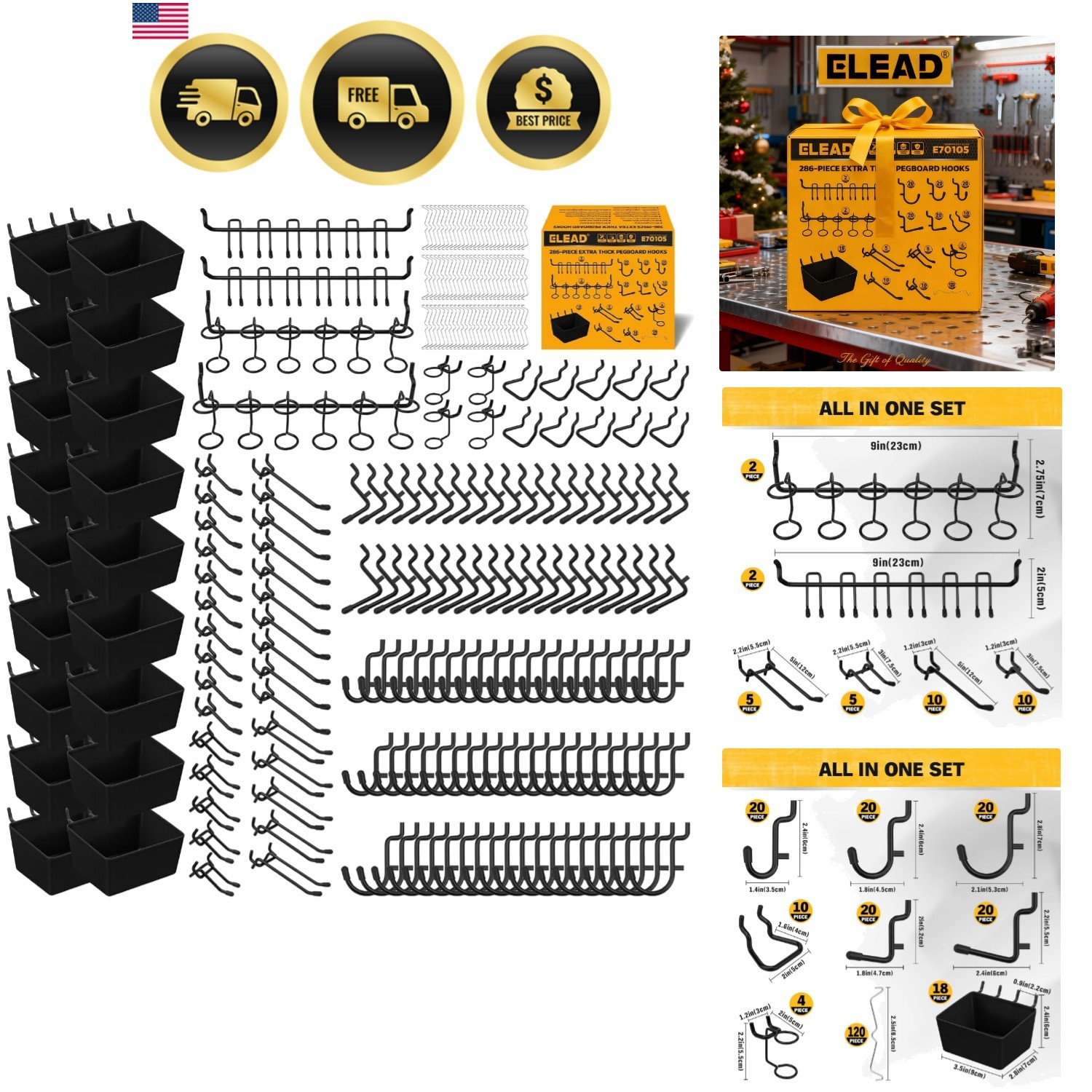 286-Piece Extra Thick Pegboard Hooks Set, 1/4″ Heavy Duty Black Peg Board Org…