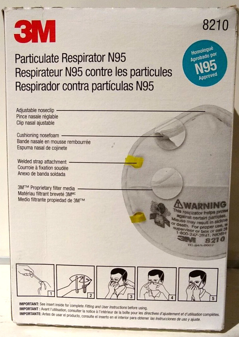 1 Box Of 20 3M 8210 N95 Protective Particulate Respirator Dust Mask Disposable
