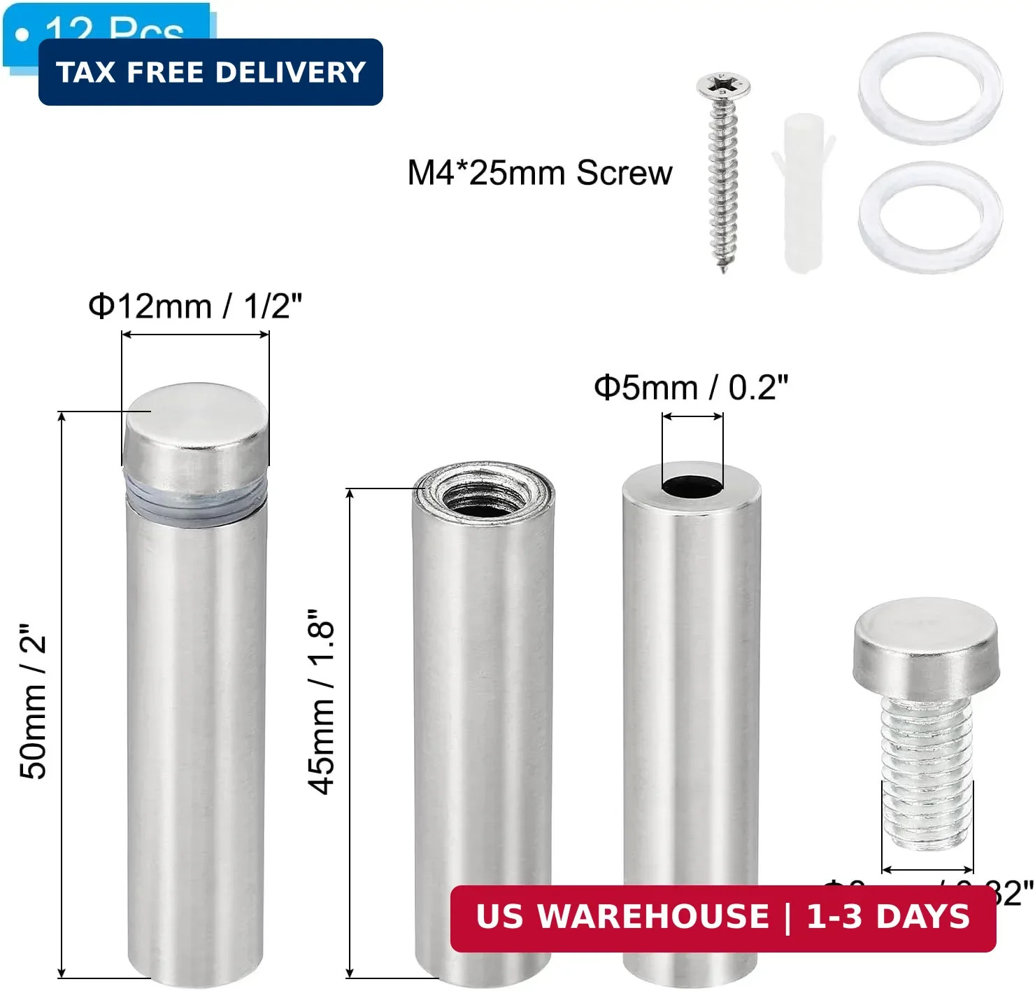 1/2 x 2 inch Sign Standoff Screws, 12 Set Stainless Steel Wall Standoff