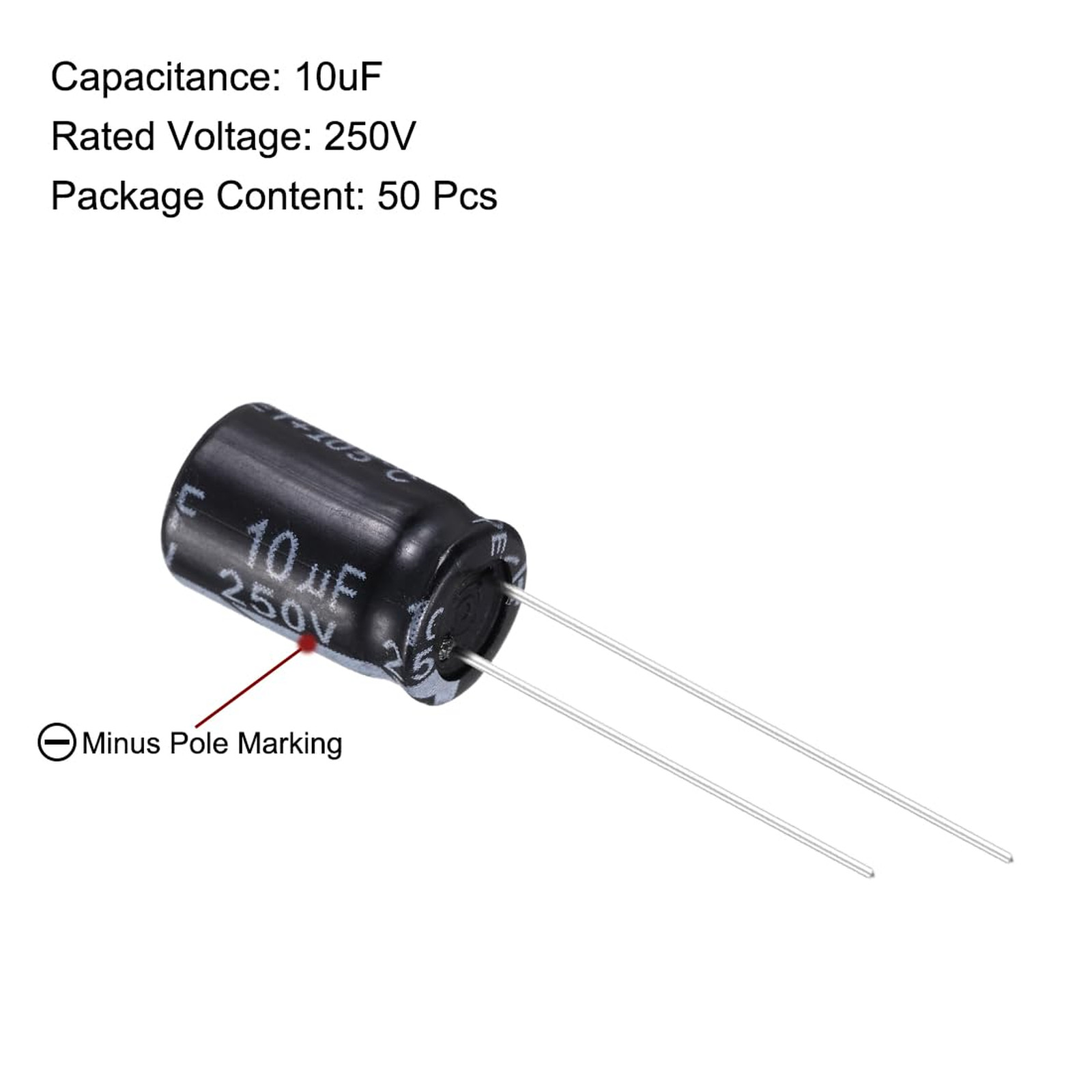 Electrolytic Capacitor 10uF 250V Aluminum Radial Leads 8x12mm 50 Pack